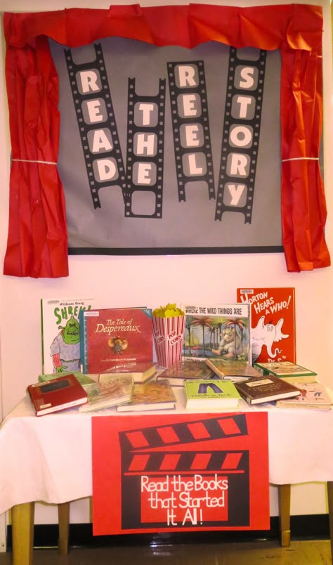 Reel On Story Ideas, Small Bulletin Board Ideas, 5th Grade Bulletin Board Ideas, Book Bulletin Boards, Movie Classroom Theme, Library Window Displays, Library Reading Corner, Movie Night Decor, Back To School Library