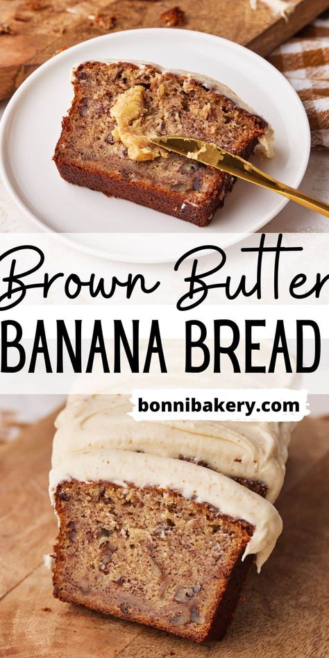 This delicious banana bread recipe is made with brown butter which gives it an incredible nutty flavor. It's also filled with pecans and topped with a browned butter cream cheese frosting - the ultimate indulgent banana bread treat! Perfect for fall baking using up bananas, this twist on a classic loaf cake recipe is easy to make and great for breakfast, dessert or a snack. #bananabread #brownbutterrecipe #brownbutter #brownbuttercreamcheese #banananutbread #bananarecipes #fallbaking #breakfast Brown Butter Banana Bread, Butter Banana Bread, Delicious Banana Bread Recipe, Delicious Banana Bread, Butter Cream Cheese Frosting, Loaf Cake Recipes, Fall Baking Recipes, Browned Butter, Butter Frosting