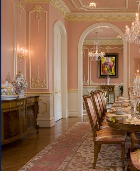 Pink Walls And Ceiling, Pink Formal Living Room, Pink Interior Design Living Room, Pink French Room, Rococo House Interiors, Dining Room Pink Walls, Pale Pink Dining Room, Pink Victorian Interior, Rococo Style Interior Design