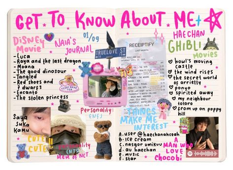 Journal Get To Know Me, Y2k Scrapbook Ideas, Slambook Design Ideas, Slambook Design, All About Me Aesthetic, About Me Scrapbook, About Me Aesthetic, Journal About Me, Get To Know About Me