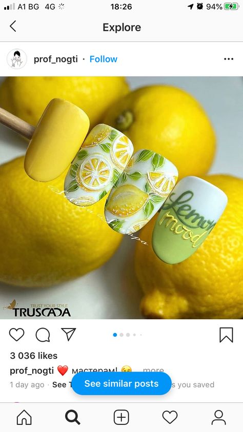 Fruits Nails, Fruity Nails, Summer Nailart, Italy Nails, Mani Inspiration, Fruit Nail Designs, Fruit Nails, Lemon Nails, Feather Nails