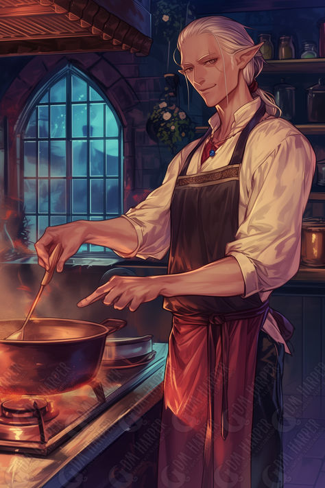 Quillo Xindos, Astral Elf sous chef Elf Tavern Keeper, Dnd Gambler, Fantasy Bartender, Inn Keeper, Dnd Cook, Dnd Cook Character Art, Bartender Fantasy Art, Fantasy Chef, Tavern Keeper