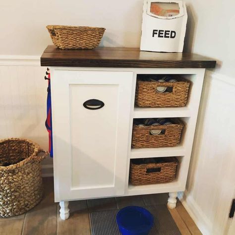 DIY Dog Food Station - Dog Food Storage Cabinet The Little Frugal House Diy Dog Food Station, Dog Food Storage Diy, Dog Food Bin, Diy Food Storage, Toy Organization Diy, Dog Station, Dog Food Station, Food Storage Cabinet, Dog Organization