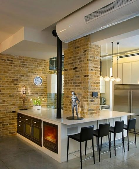 Exposed brick Exposed Brick Kitchen, Modern Industrial Kitchen, Sliding Room Dividers, Brick Chimney, Brick Kitchen, Fabulous Kitchens, Industrial Interior Design, Industrial Interiors, Kitchen Fireplace