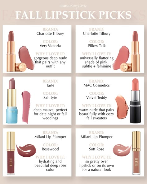 fall lipstick favorites - Lauren Kay Sims Fall Wedding Lip Color, Lipstick For Neutral Skin Tone, Neutral Lipstick For Fair Skin, Fall Makeup Products, Fall Lip Combo, Winter Lipstick Colors, Everyday Lipstick, Fall Lipstick Colors, Fall Lip Color