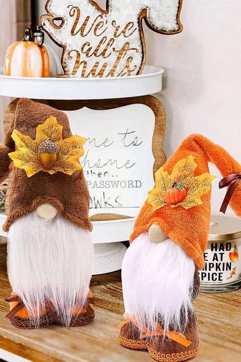 Autumn Gnomes Diy, Fall Gnomes Diy, Themed Gnomes, Thanksgiving Gnomes, Autumn Gnomes, Handmade Shelf, Gnome Fall, Farmhouse Tiered Tray Decor, Fall Pumpkin Crafts