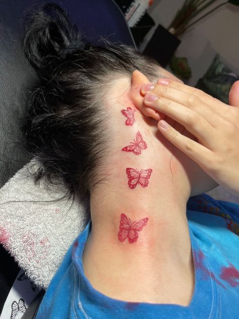 Red Butterfly Flower Tattoo, Back Of Neck Butterfly Tattoo, Butterfly Tattoo Neck For Women, Red Butterfly Tattoo On Neck, Tattoo Ideas Neck Woman, Red Butterfly Neck Tattoo, Butterfly Neck Tattoos Women, Neck Tats Women, Red Ink Butterfly Tattoo