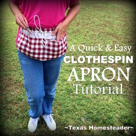 How To Make A Cute, Inexpensive Clothespin Apron, even with only limited, basic sewing skills! #TexasHomesteader Diy Clothes Line, Clothespin Apron, Clothes Pin Bags, Half Apron Patterns, Clothesline Diy, Apron Tutorial, Clothespin Bag, Apron Patterns, Wrap Dress Pattern