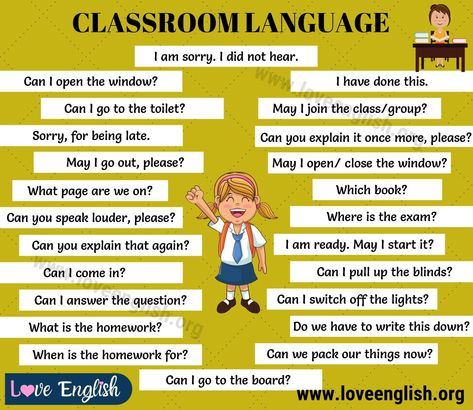 Classroom Language: 29 Useful Classroom English Expressions for ESL Students - Love English English Conversation Worksheets, Classroom English, English Conversation For Kids, English For Students, English Conversation Learning, English Expressions, English Activities For Kids, English Conversation, English Language Learning Grammar