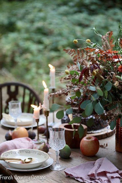 Elegant Fall Table Setting with Fall Fruits  and Rustic Florals | French Country Cottage | A small table full of autumn fruits like apples, pears, and rigs and simple romantic floral arrangements. #falldecor #outdoorliving #tablescape Farmhouse Style Lighting, French Vintage Decor, Fall Fruits, Fall Table Settings, Autumn Table, Elegant Fall, Wall Vase, French Country Cottage, Farmhouse Lighting