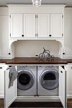 Dressed up Laundry, in the Hall - Fine Homebuilding Laundry In Kitchen, Laundry Room Storage Shelves, Hidden Laundry, Laundry Room/mud Room, Vintage Laundry Room, Room Storage Diy, Laundry Room Remodel, Laundry Room Inspiration, Vintage Laundry