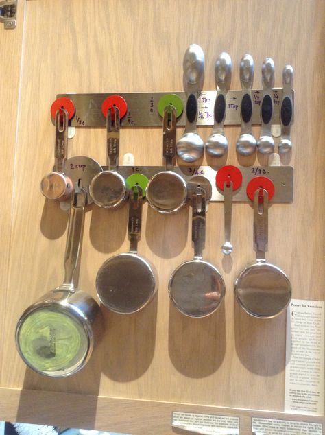 Saw a great hanger for measuring cups inside your cabinet, so I used what I had to make one!  Metal strips with magnets, magnets and more magnets hooks I had from the Container Store.  My Tablespoon/teaspoon spoons were already magnetic, so super score!  Going to put a conversion chart up and then I am done! Measuring Spoons Organization, Measuring Cup Organization, Magnetic Organizer, The Container Store, I Am Done, Container Store, Organizing Ideas, Conversion Chart, Measuring Spoons