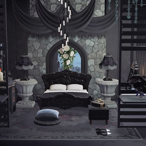 Michelle 👑 Animal Crossing Creator on Instagram: "🖤The Queen’s Sanctuary🖤  #acnhinteriordesign #acnhinteriors #acnhinterior #acnhbedroom #acnhdarkacademia #acnhelegantcore #queenschamber   Animal crossing ACNH interior bedroom style castle build elegant new horizons nintendo mom gamer explore cozy" Elegant Bedroom Animal Crossing, Castle House Animal Crossing, Gothic House Animal Crossing, Witchy Room Animal Crossing, Goth House Animal Crossing, Goth Bedroom Animal Crossing, Acnh Goth Bedroom, Acnh Gothic Room Ideas, Goth Room Animal Crossing