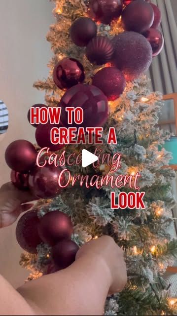 Ivey | Lifestyle + Home on Instagram: "Hey, love bugs! Check out this quick tutorial on how to create a cascading ornament look on your Christmas tree. This is much quicker than adding each ornament one by one. It also makes taking the ornaments down quick and easy. 

#ornamentclusters #ornaments #christmas #christmasdecor #christmastree #diychristmas #diychristmasdecor #christmasdiy #christmastips #christmasvideos #viralchristmas #christmastutorial #christmastreedecorating #ornamentstrands #burgundychristmas #ornamentcluster" Christmas Ornaments Garland On Tree, Stringing Christmas Ornaments Together, 3 Ornaments Tied Together On Christmas Tree, How To Cover Ornaments With Fabric, Christmas Ornament Ball Clusters, Cluster Tree Ornaments, Bulb Garland Christmas Tree, How To Put Christmas Balls On Tree, Stringing Ornaments Together