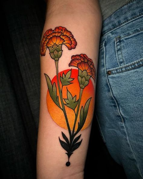 Dames Rocket Flower Tattoo, Traditional Floral Knee Tattoo, Neo Traditional Carnation Tattoo, Neotraditional Cactus Tattoo, Neo Traditional Marigold Tattoo, Orange Daisy Tattoo, Marigold Flower Tattoo Traditional, Graphic Flower Tattoo, Floral Tattoo Traditional