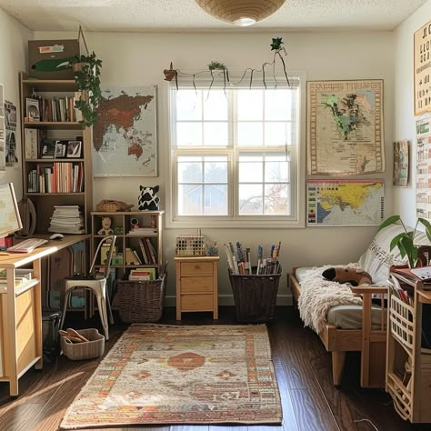 7 Innovative Homeschool Room Ideas for Small Spaces - Lainey May Home Homeschool Room Ideas Aesthetic, School Room Homeschool Small Spaces, Sewing Room Setup, Homeschool Room With Couch, Aesthetic Homeschool Room, Tiny Homeschool Room, Homeschool Room Ideas Small Spaces, Cottagecore Homeschool Room, Homeschool Small Space Ideas