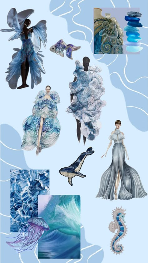 Water Inspired Fashion Illustration, Sea Inspired Fashion Illustration, Ocean Moodboard, Sea Inspired Fashion, Water Fashion, Sea Clothes, Abstract Fashion, Fashion Drawing Sketches, Fashion Design Collection