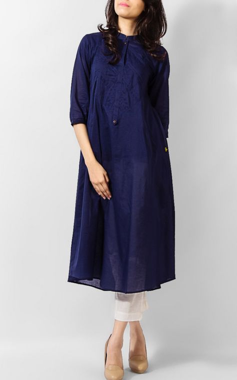 Navy Blue Linen Kurta by Linen Kurti, Hijab Beauty, Desi Dress, Frock Fashion, Kurta Style, Dress Neck, Kurti Set, Salwar Kamiz, Bridal Blouse