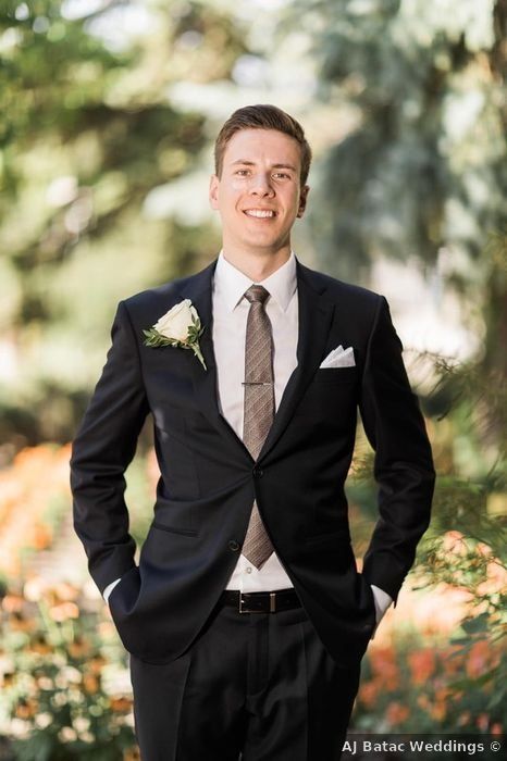 Groom outfit ideas - brown, tie, boutonniere, white, rose, black, tux, tuxedo, suit, autumn, modern {AJ Batac Weddings} Black Suit Brown Tie, Boutonniere White Rose, Brown Tux, Groom Outfit Ideas, Boutonniere White, Suits Groom, Beige Wedding, Groom And Groomsmen Attire, Wedding Suits Groom