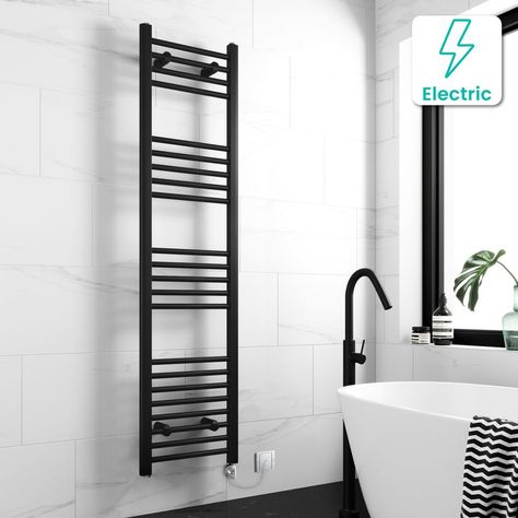 Barcelona Electric Matt Black Straight Heated Towel Rail 1600x400mm | Bathroom Mountain Bathroom Mountain, Walk In Shower Enclosures, Modern Basin, Electric Towel Rail, Freestanding Bath Taps, Black Radiators, Towel Ladder, Traditional Baths, Roll Top Bath