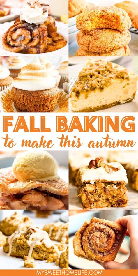 Get ready to fill your home with the warm and inviting scents of pumpkin, apple, and cinnamon with this collection of fall baking ideas. They're perfect for cozying up on a chilly autumn day. Decadent Fall Desserts, Weekend Baking Ideas, Autumn Sweet Treats, Autumn Deserts Ideas, Cozy Fall Treats, Fall Pastry Ideas, Fall Deserts Autumn, Autumn Baking Ideas, Fall Baked Goods Recipes