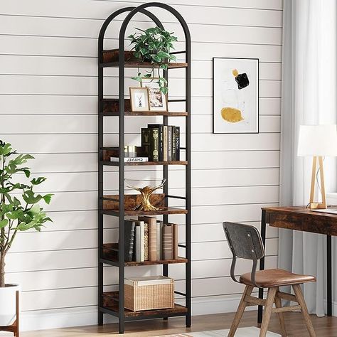 Gorgeous arched bookcase. Love the modern farmhouse/industrial feel. #amazon #amazonaffiliate #bookcase #bookshelf Tall Narrow Shelf, Slim Bookshelf, Arched Bookcase, Tall Corner Shelf, Tall Narrow Bookcase, Brown Bookcase, Narrow Bookshelf, Open Bookshelf, Corner Storage Shelves