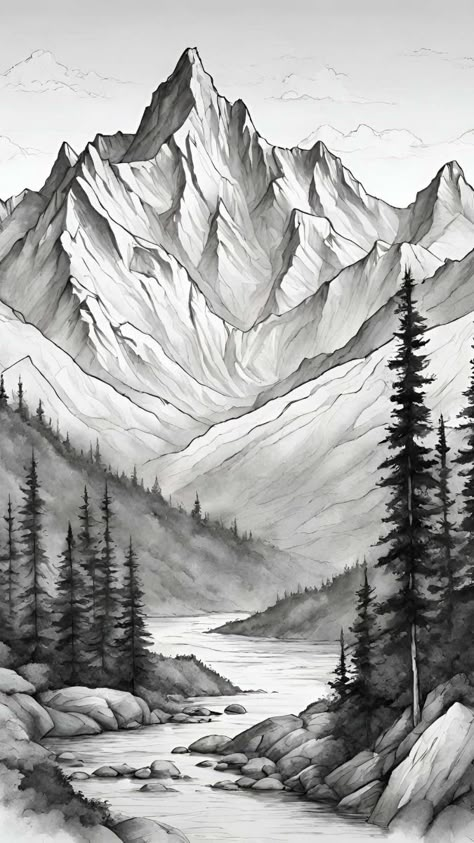 Sketch Scenery Landscapes, Landscape Art Pencil Sketch, Landscape Paintings Pencil Sketch, Landscape Ideas Sketch Drawings, Graphite Nature Drawings, Nature Drawing Pencil Sketches, Pencil Drawing Nature Landscape, Landscape Drawing Inspiration, Pencil Drawings Scenery