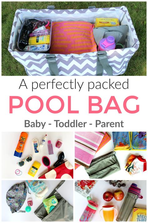 Pool bag essentials for a baby or toddler: How to pack your pool bag: What to include plus a free printable checklist with all the essentials What To Pack In Your Pool Bag, Best Pool Bag For Moms, Summer Pool Bag Essentials, Summer Go Bag, Beach Bag Essentials For Moms, Summer Essentials For Kids, Summer With A Baby, Baby Summer Essentials, Lake Bag Essentials