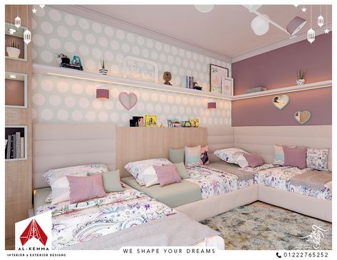 Bedroom With 3 Beds, Bunk Room Ideas, Sister Bedroom, Rose Bedroom, Kids Rooms Shared, Kids Shared Bedroom, Shared Girls Bedroom, Kids Room Furniture, Modern Bedroom Interior