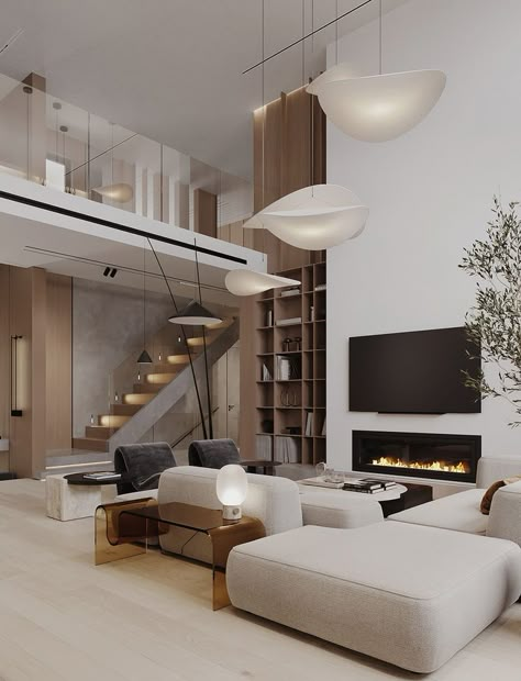 Luxury Townhouse Interiors, Double Height Living Room Design, Double Height Living Room Modern, Duplex House Design Interiors, Tv Hiding Ideas, Living Room Double Height, Double Volume Living Room, Luxury Minimalist Interior, Duplex Apartment Design