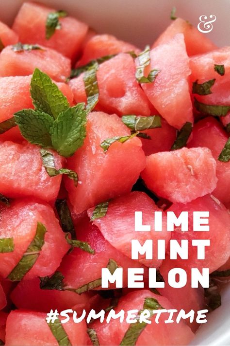 close up of cubed watermelon and strips of mint Watermelon Lime Salad, Watermelon Lime Mint Salad, Watermelon With Lime, Watermelon Mint Salad Summer, Watermelon Salad Dressing Recipes, Watermelon And Mint Salad, Watermelon Cucumber Mint Salad, Mexican Watermelon Salad, Watermelon Appetizer Ideas