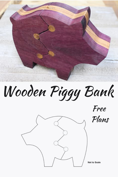 Wood Bank Diy, Diy Wood Piggy Bank, Wooden Banks Plans, Easy Wood Toys Diy, Diy Wooden Toys Plans Free, Kid Wood Projects Easy, Wooden Piggy Bank Diy, Bandsaw Templates, Wooden Toys Plans Free