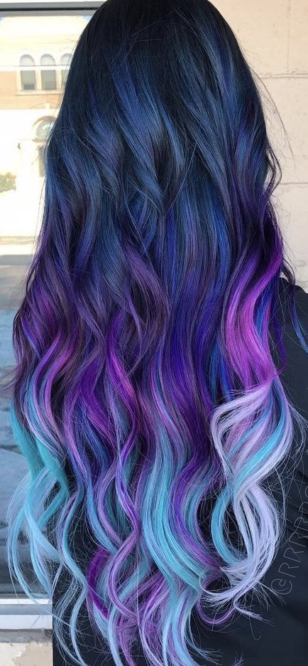 Colorful long hair Blue And Purple Hair, Rambut Brunette, Hair Colorful, Blue Ombre Hair, Hair Dyed, Galaxy Hair, Cute Hair Colors, Beautiful Hair Color, Hair Color Purple