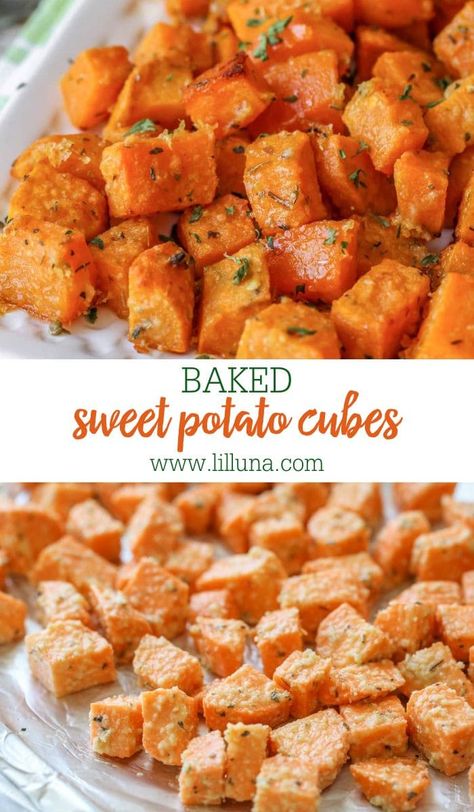 Cubed Sweet Potatoes Baked, Baked Sweet Potato Cubes, Parmesan Sweet Potatoes, Sweet Potato Cubes, Roasted Sweet Potato Cubes, Oven Roasted Green Beans, Potato Cubes, Sweet Potato Side Dish, Sweet Potato Sides