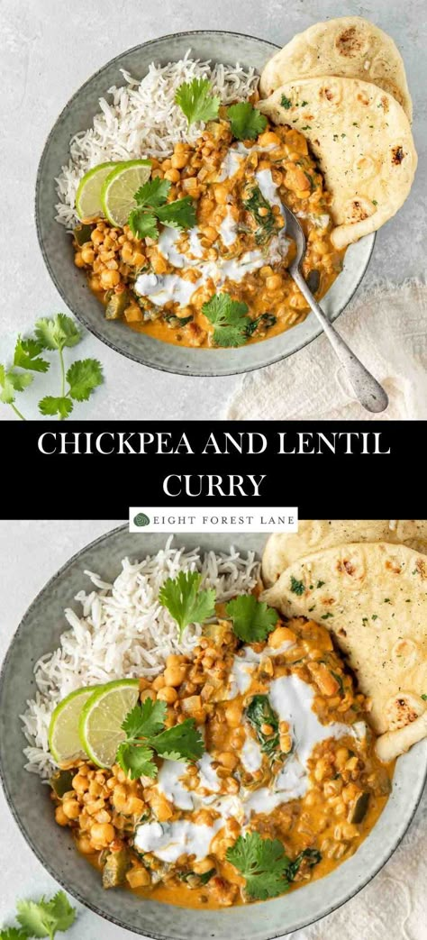 This chickpea and lentil curry is the ultimate cosy comfort food. Coming together in just 30 minutes, this easy curry is the perfect wholesome weeknight dinner. Packed full of flavour and using simple pantry ingredients, this creamy plant-based curry is completely dairy free and vegan. Vegan Dinner Indian, Canned Lentil Curry, Creamy Lentil Skillet, Dinner Ideas Lentils, Healthy Vegan Curry, Curried Lentils And Rice, Jamaican Lentil Recipes, How To Make Lentils Recipes, Chickpea Dinner Recipe