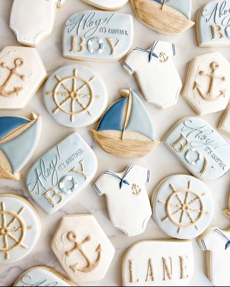 Nautical Theme Cookies, Nautical Baby Shower Cookies, Boat Baby Shower Ideas, Sailboat Baby Shower Theme, Boat Cookies, Sailboat Cookies, Cookie Themes, Nautical Cookies, Anchor Cookies