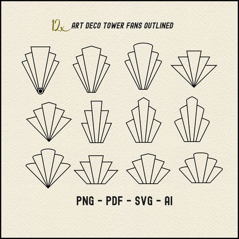 ART DECO FAN TOWERS IN BLACK OUTLINE - in Raster and Vector formats to easily add to your designs. Transparent between the outlines for a subtle art deco tower fan effect. If you dislike trying to create the fan style towers for your Art Deco designs then  we have a set of 12 in black OUTLINES. There are 4 different designs with 3 variations for each style  = 12 designs. **WE ALSO HAVE ANOTHER LISTING OF THESE ELEMENTS IN SOLID BLACK and also in Gold. Curved edges, straight edges and angled edge Art Deco Column Design, Art Deco Shapes Patterns, Art Deco Template, Art Deco Elevator, Art Deco Shell, Art Deco Rose, Art Deco Box, Art Deco Ornaments, Art Deco Diy