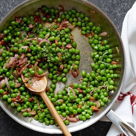 Peas and Pancetta | Williams Sonoma Ina Garten Peas And Pancetta, Peas And Pancetta Ina Garten, Peas And Bacon Side Dish, Ina Garten Make Ahead Recipes, Easter Peas, Frozen Peas Recipe Side Dishes, Peas Pancetta, Pancetta And Peas, Peas And Pancetta