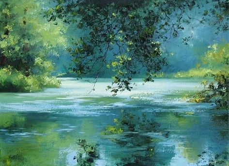 Landscape Water Paintings, Landscape Images For Painting, Lake Painting Aesthetic, Lake Paintings Acrylic, Painting Of Nature Landscape, Lake Art Painting, River Landscape Painting, Lakes Paintings, Acrylic Lake Painting