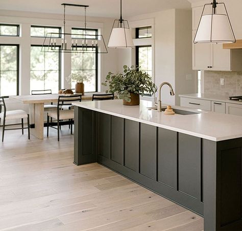 Kitchen Without White Cabinets, Kitchen And Dining Combined, Different Kitchen Islands, Black Birch Homes Kitchen, Paint Island Black, Mudroom Area In Kitchen, Black Islands In Kitchen, Kitchen Ideas Black Island, Mont Fantasy Quartz Countertop