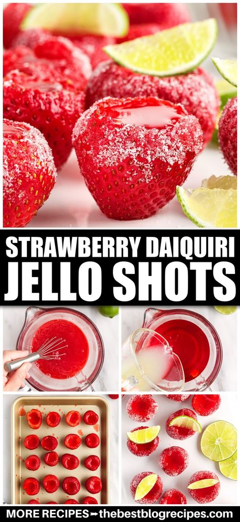 Strawberry daiquiri jello shots are a fun and refreshing boozy treat. These tasty adults-only treats are like a dessert and cocktail all in one! Strawberry Daiquiri Jello Shots, Rum Jello Shots, Strawberry Jello Shots, Holiday Shots, Strawberry Daiquiri Recipe, Jello Shooters, How To Store Strawberries, Daiquiri Recipe, Jello Shot Recipes