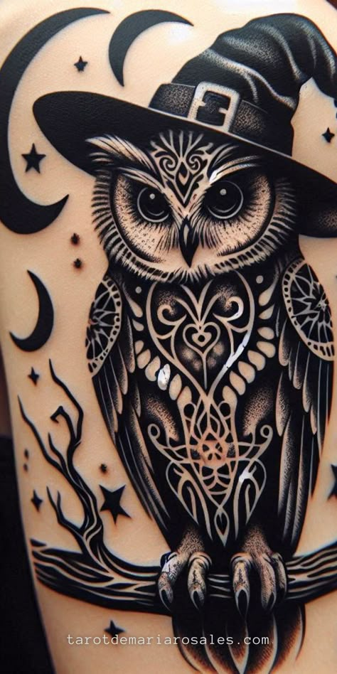 Unveil the magic behind witchy tattoos with our curated list of 50+ designs and their mystical meanings. From moon phases to protective runes, discover tattoos that resonate with your spiritual journey and elevate your personal style. Perfect for witches of all levels! 🌙🔮 #WitchyTattoos #InkMagic #TattooInspiration Witchy Full Sleeve Tattoos For Women, Witchy Bird Tattoo, Witchy Tattoos Hand, Witchy Chest Tattoos For Women, Witchy Owl Tattoo, Hermetic Tattoo, Witchy Tattoo Ideas Goddesses, Witch Moon Tattoo, Witch Cat Tattoo