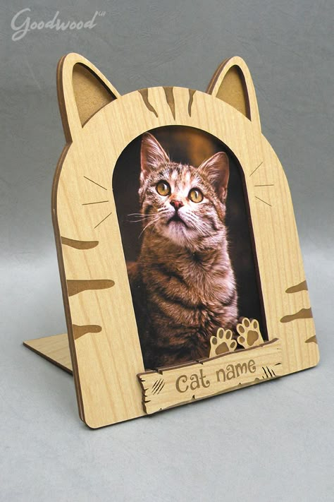 If you have nice photos of your cat you will be lucky to have such frame. Use this vector file on a laser and get cute frame. It stands on table or other horizontal surface. Size of photo you can use is 4 х 6 inches Pet Frames Ideas, Laser Cut Ideas, Photo Frame Style, Halloween Candlesticks, Cat Laser, Pet Frame, Cut Cat, Jewelry Frames, Laser Cut Mdf