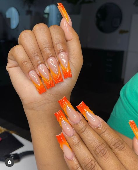 Virgo Nails Acrylic, Virgo Nails, Turquoise Acrylic Nails, Orange Acrylic Nails, Acrylic Nails Nude, Orange Nail Designs, Abstract Nail, Teal Nails, Beauty Hacks Nails