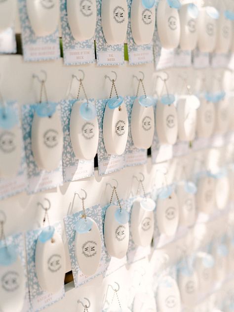 Light Blue Nautical Seating Chart Inspiration - Sweet Lakeside Wedding in Horseshoe Bay Cool Wedding Seating Chart Ideas, Seat Placement Cards Ideas, Beachy Table Settings, Boat Seating Chart, Oyster Seating Chart Wedding, Wedding Theme Names, Boat Themed Wedding, Destination Wedding Ideas Decorations, Coastal Seating Chart