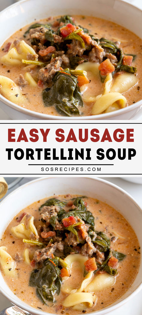 Slow Cooker Sausage and Tortellini Soup This is one of my family’s favorite soups, and one of mine too because it is very easy to make. This easy recipe will become a family favorite. Enjoy a bowl of deliciousness that’s ready when you are! #SlowCookerSoup #SausageAndTortellini #ComfortFood #EasyRecipes #HeartySoup #DinnerIdeas #OnePotMeal #FamilyFriendly #HealthyEating #FoodieFavorites Italian Sausage Spinach Soup, Slow Cooker Sausage Soup, Italian Sausage Tortellini Soup Recipes, Sausage Tortellini Soup Easy, Spicy Sausage Tortellini Soup, Tortellini Italian Sausage Soup, Tortellini Sausage Spinach Soup, Tortellini Sausage Recipes, Sausage Tortellini Soup Crockpot