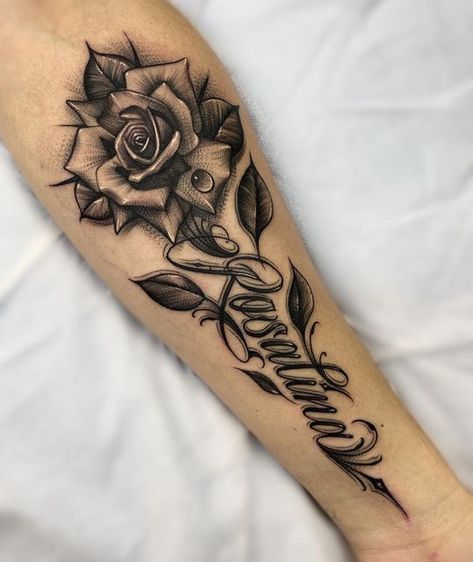 Rose Tattoo For Women, Roses And Names Tattoo, Different Rose Tattoo Styles, Around Arm Tattoo Women, Crown Rose Tattoo, Name Design Tattoos, Memories Tattoo Ideas, Memorial Name Tattoos, Name With Roses Tattoo