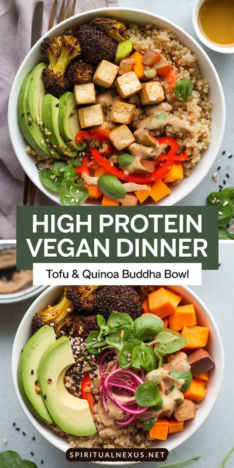 Fuel your body with this high protein vegan dinner! Tofu, quinoa, and vibrant veggies combine for a perfect plant-based bowl. 🥗 #HighProteinVegan #VeganMeals Quinoa And Tofu Bowl, Vegetarian High Protein Salads, Tofu With Quinoa, High Protein Vegan Buddha Bowl, High Protein Vegan Bean Recipes, Easy Vegan Recipes High Protein, Easy High Protein Plant Based Meals, Hi Protein Vegan Meals, Vegan Protein Bowl Recipes