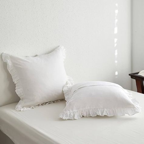 Amazon.com: King Linens 100% French Linen Euro Shams with Ruffles - Set of 2 - Washed Solid Color Natural Flax Soft Breathable Pillow Covers - Dusty Blue, 26'' x 26'' : Home & Kitchen White Euro Pillows, Euro Pillows On King Bed, Ruffle Pillow Case, Linen Products, Euro Pillows, Ruffle Pillow, French Bedroom, Bedding Basics, Euro Shams