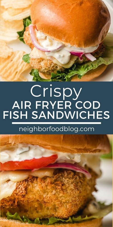 Air Fryer Cod Sandwich Recipes, Crispy Cod Sandwich, Air Fryer Fish Sandwich Recipes, Fried Cod Sandwich Recipe, Fried Cod Fish Recipes Air Fryer, Baked Fish Sandwich, Air Fryer Fish Sandwich, Fried Cod Fish Sandwich Recipes, Crispy Fish Sandwich